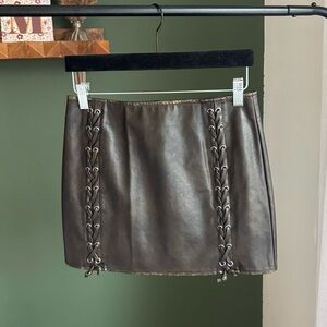 Fashion Nova Brown Faux Leather Lace-Up Mini Skirt